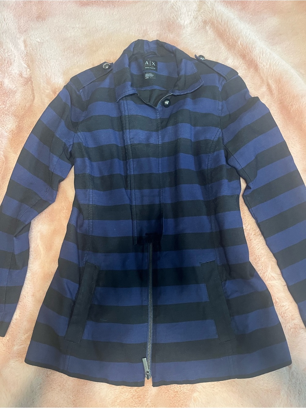 Armani Exchange Navy and Black Striped light Pea Coat Wednesday Whimsigoth